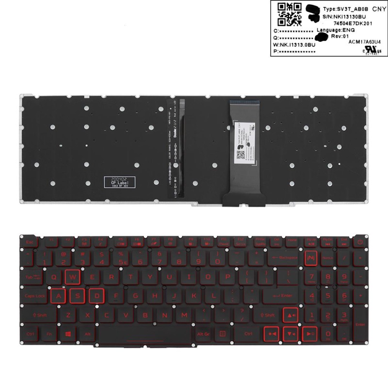 Πληκτρολόγιο Acer Nitro 5 AN515-54 AN515-43, Μαύρο με Backlit, Original, US/UK