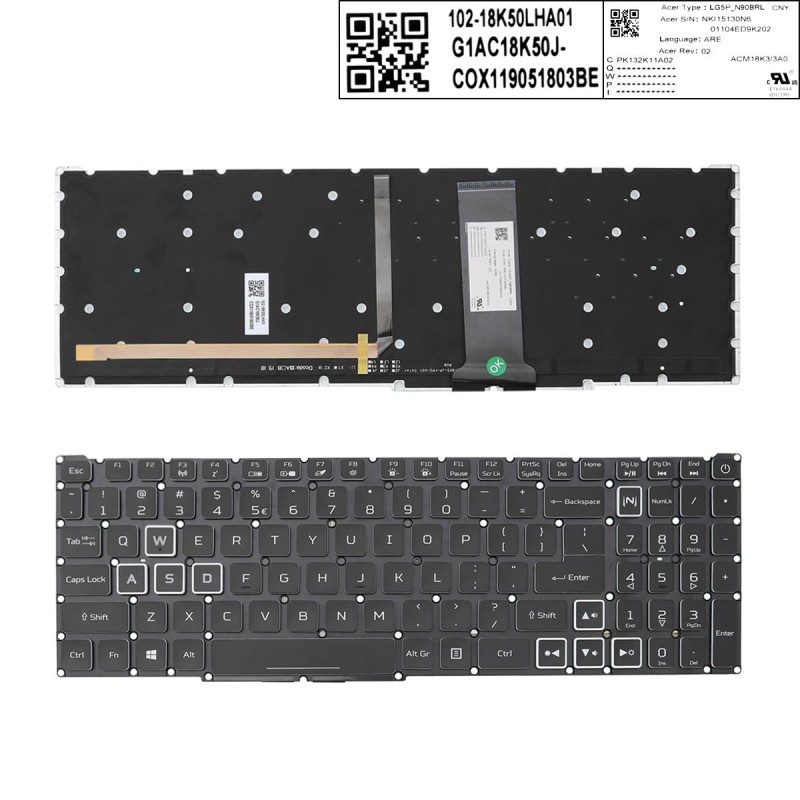 Πληκτρολόγιο Acer Nitro 5 AN515-54 AN15-43 AN517-51 AN715-51, Μαύρο με Backlit, US/UK