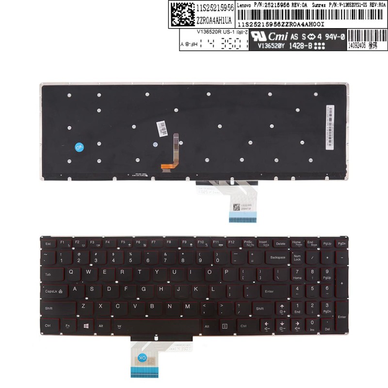 Πληκτρολόγιο Lenovo Y70-50, Μαύρο με Backlit, US