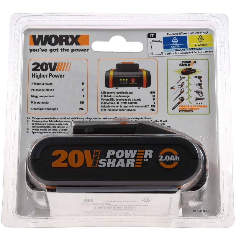 WORX WA3551.1 Battery 20V 2Ah Li-Ion 2000mAh/40Wh