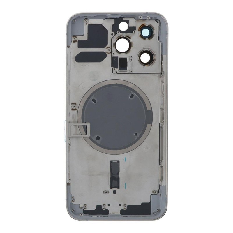 Apple iPhone 13 Pro - Back battery door cover middle frame housing with small parts White OEM with Logo Apple iPhone 13 Pro - Back battery door cover middle frame housing with small parts White OEM with Logo